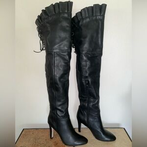 Kelsi Dagger Black Over-the-Knee Boots with Ruffle Detail Excellent Condition